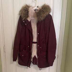 H&M Burgundy Utility Jacket with Faux Fur Hood